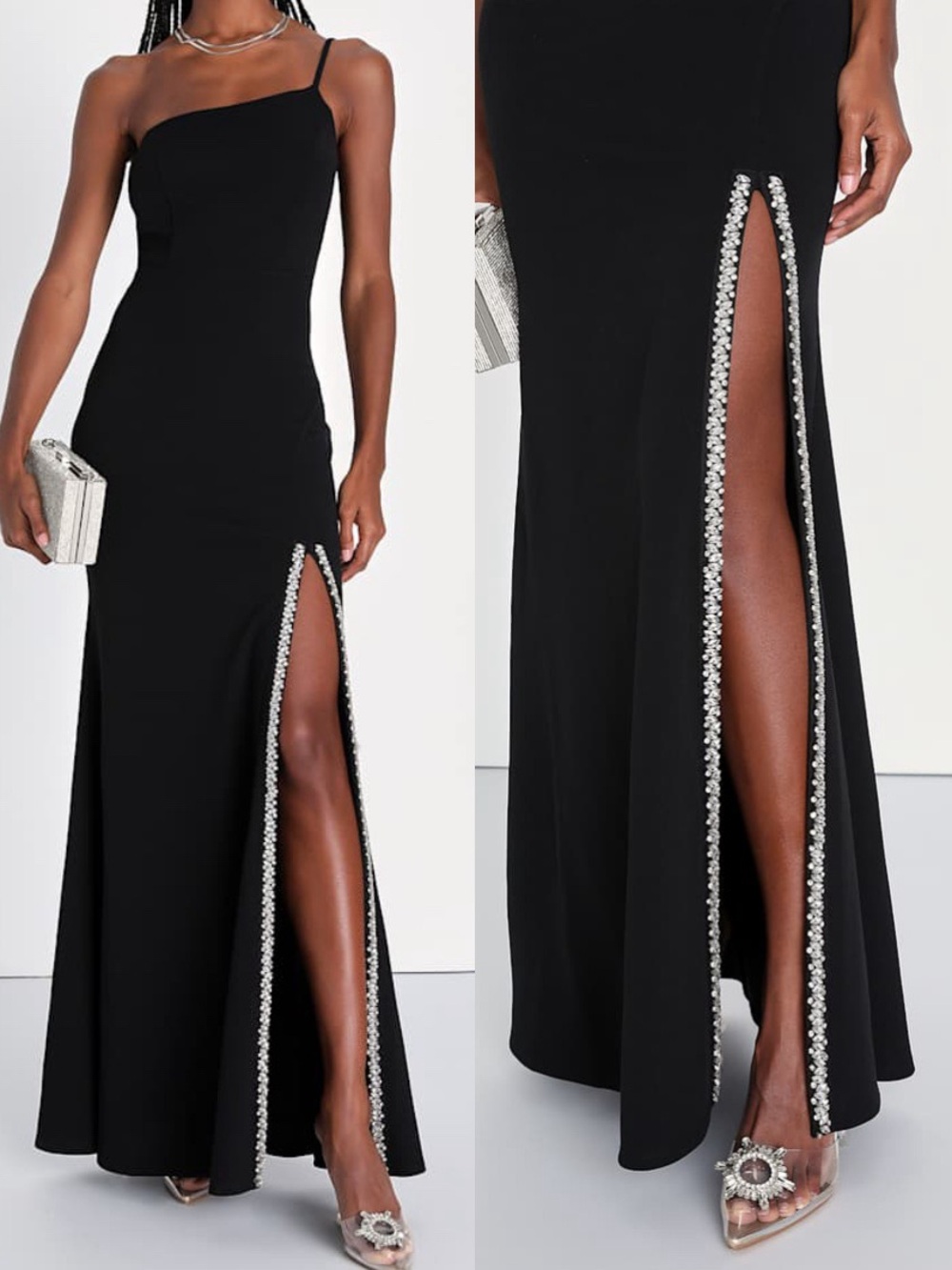 Lulu’s Absolutely Sensational Black Rhinestone One-Shoulder Maxi Dress Sz S 💚🍄